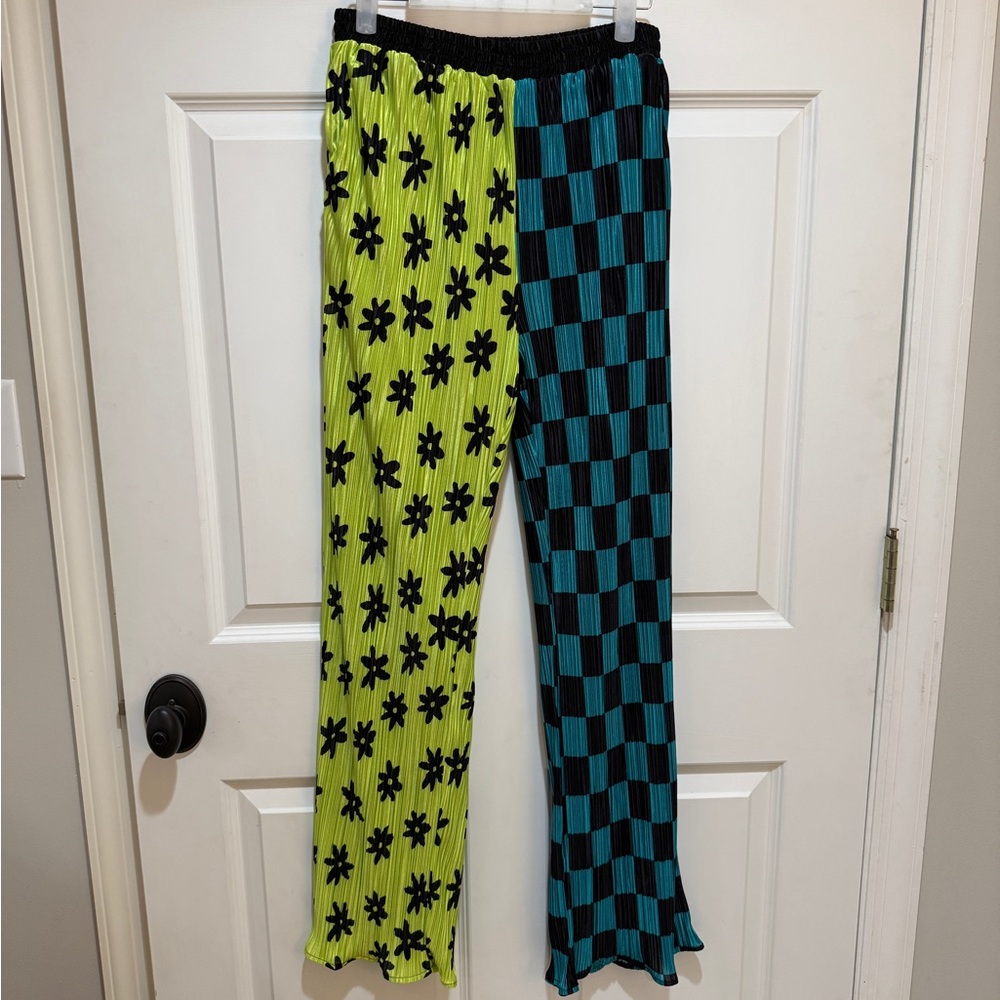 Dressed in LALA Two-Tone Floral & Checker Straight Leg Pants - Lime & Teal